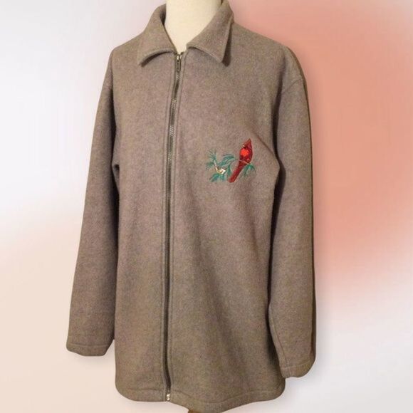 Scandia Woods‎ Vintage Zip Gray/Tan Sweatshirt Embroidered Red Cardinal M/L - Picture 3 of 10